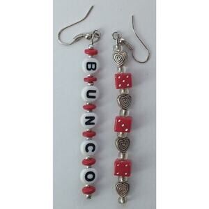 Bunco Earrings Handmade Original Design Red Dice Silver Hearts Bunco Lover Gift